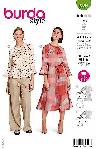 Burda Schnittmuster, 5884, Kleid und Bluse selber nähen [Damen, Gr. 34-44] Level 2 für Anfänger