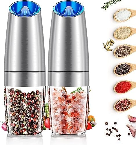 Juego de 2 molinillos eléctricos de sal y pimienta por gravedad, molinillo automático, funciona con pilas con grosor ajustable, acero inoxidable de con luz LED, funciona con una mano
