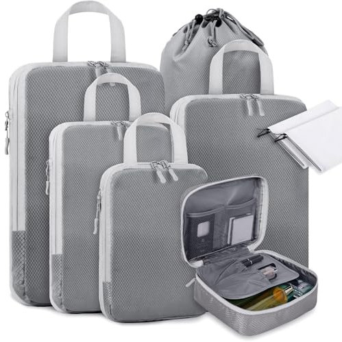 BESBESME 8 pcs Compression Packing Cubes with Cosmetic Bag Luggage Packing Organizers Suitcases Expandable Lightweight Organiser Bag Set for Travel or Home Storage Grey