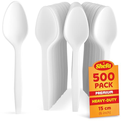 Shefa 500 Premium Spoons, Heavy Duty Reusable Spoons, Microwave-Safe Tablespoon, 6 Long for Birthday, Parties, Camping