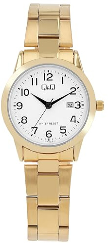 Q&Q Damen-Uhr Edelstahl Gliederarmband Datum 3 Bar Analog Quarz (goldfarbig)