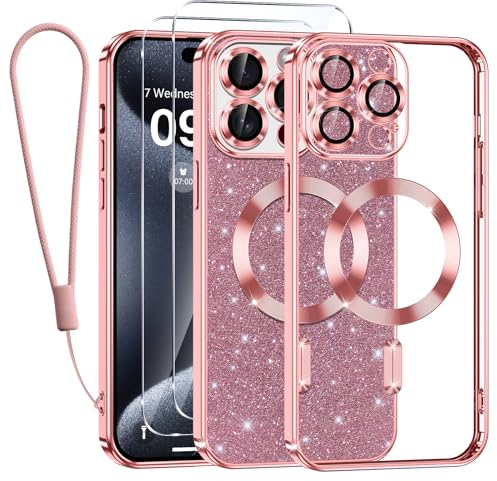 Kokio Glitter Magnetica Cover per iPhone 15 Pro con Cordino, Compatibile con MagSafe, Brillantini Sottile Silicone TPU Antiurto Custodia per iPhone 15 Pro con 2 Vetro Temperato Bumper, Rosa