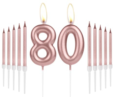 Girls 80th Birthday Candles Decorations, Number 80 Candle With Rose Gold Long Candles, Birthday Cake Topper for Women Party, 80th Wedding Anniversary Celebrations