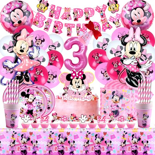 104 Pièces Décoration Anniversaire Minnie 3 Ans, Ballon Anniversaire Minnie 3 Ans, Vaisselle Minnie Anniversaire, Anniversaire Thème Minnie Fille 3 Ans, Kit Minnie 3 Ans, Minnie Anniversaire 3 Ans