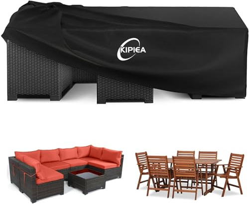 Kipiea Coperture per Mobili da Giardino Impermeabile, 420D Coperture per Tavoli Mobili da Esterno Antivento, Coperture per Tavoli e Sedie da Cortile Rettangolare, Anti-UV, Anti-strappo- 242x162x100cm