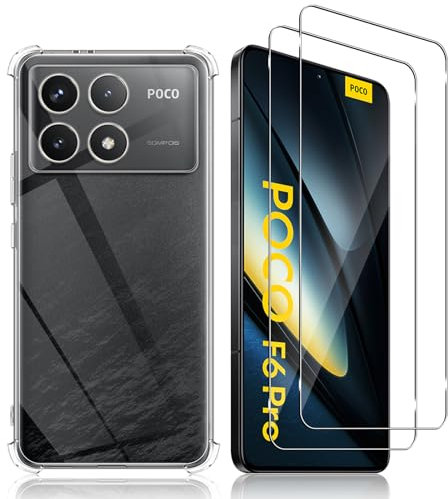 Yanwom Funda para Xiaomi Poco F6 Pro Cristal Templado 2 Piezas Protector de Pantalla Antiarañazos, Antihuellas, Sin Burbujas, Dureza 9H, Anti-Choque Carcasa Protectora