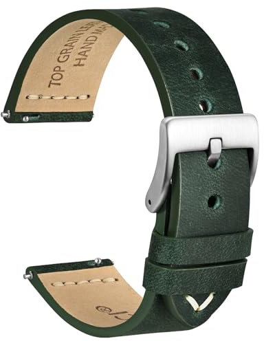 WOCCI 19mm Antikes Uhrenarmband für Herren, Sattelleder, Silberne Schnalle (Armeegrün)