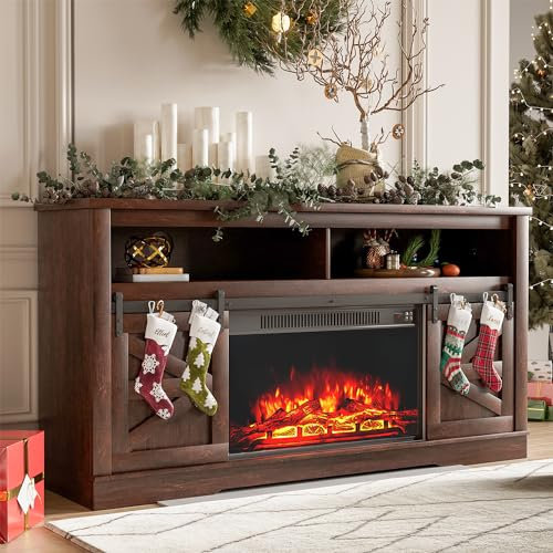 YESHOMY Meuble TV cheminée pour télévision jusqu'à 165 cm + avec rangement et portes coulissantes de grange de ferme, centre de divertissement avec armoire et étagères, console multimédia pour salon,