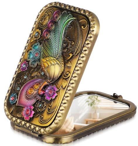 Healeved Miroir De Poche Vintage Pliable en Métal Miroir Compact Double Face pour Maquillage Mini Rond De Retouches Format 3.94 X 2.36 X 0.39 in pour Voyages Et Sac À Main