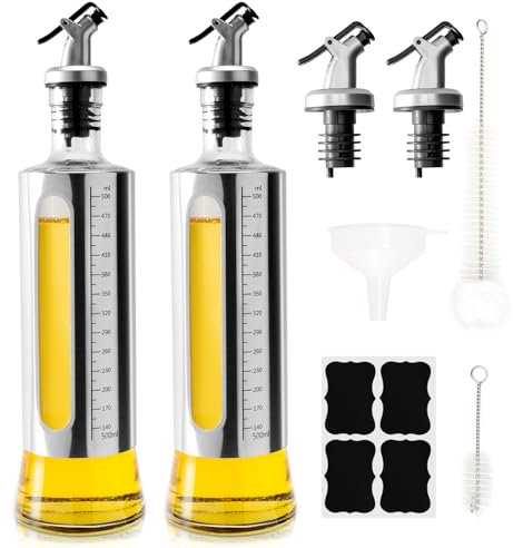Dachiy 2 Set ölflasche, 500 ml Edelstahl Essig und Ölspender, Olivenöl Spender Mit Trichter, Anlaufgeschütztem Deckel, mit Skala, Essig Und Ölflaschen Set, Glasflasche für Küche, BBQ, Salate