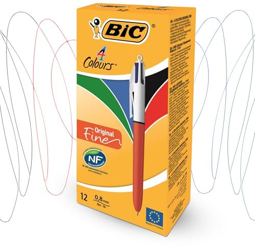 BIC Lot de 12 stylos originaux 4 couleurs avec corps en plastique de 1 mm, quatre couleurs d'encre en un pour écriture lisse, stylo multi-stylos 4 en un avec trou de clip et cordon pour étudiants et