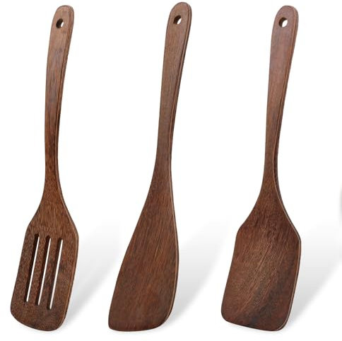 Lot de 3 spatules en bois pour la cuisine, 1 x 32 x 8 cm et 2 x 30,5 x 7,8 cm - Accessoires de cuisine élégants en bois - Longue poignée - Spatules en bois pour une utilisation dans la cuisine