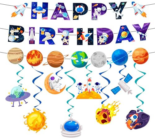 Weltraum Geburtstag Deko Set, 9Pcs Raum Hängende Spirale Weltraum Happy Birthday Banner für Weltraum Geburtstag Deko