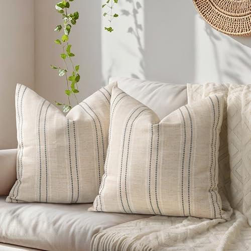 Tone Link. 45,7 x 45,7 cm Farmhouse Wurfkissenbezüge, Set mit 2 strukturierten Kissenbezügen, Beige mit weißen und grauen Streifen, Kissenbezug für Sofa, Wohnzimmer (nur Bezug)