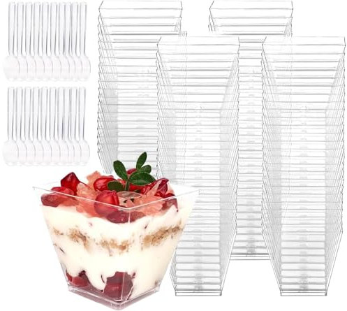50Pcs Dessert Cups, 2oz/60ml Mini Dessert Pots Clear Hard Plastic Reusable Cheesecake Pots with 50Pcs Spoons for Puddings,Tiramisu,Mousses,Parfaits,Trifles,Party