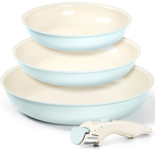 MICHELANGELO Nonstick Ceramic Frying Pan Set with Removable Handle, 20cm,24cm and 28cm Frying Pans, Non Toxic Pans for Cooking, PFOA Free, Oven Safe, Blue&White