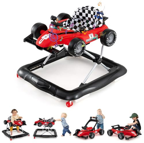 COSTWAY 4 in 1 Lauflernhilfe, Lauflernwagen klappbar mit einstellbarer Höhe, Baby Walker Autoförmig mit Lenkrad & Spieluhr, Laufwagen mit Rädern für Baby von 6–18 Monaten