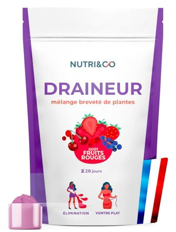 NUTRI & CO Draineur Rétention d’Eau Puissant - Poudre de Cassis & Extraits de Plantes Breveté Elimreal® - Ventre Plat & Ballonnements - Goût Fruits Rouges 100g Vegan