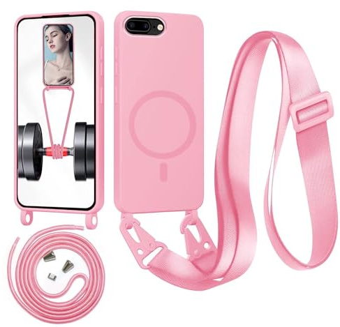 Beajew Coque Compatible avec iPhone 6/7/8/iPhone SE 2020/SE 2022, Compatible avec MagSafe, Coque pour Magnétique Cover Silicone Antichoc Protection avec Cordon Réglable Téléphone Case, Rose