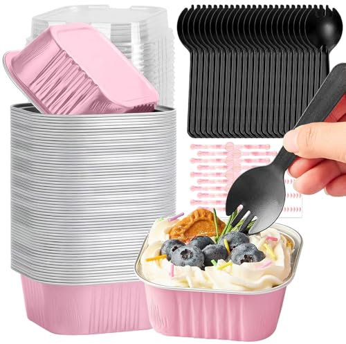 lbxtswpl Mini Cake Baking Cups with Lids and Spoons, 50PCS 150ml Mini Loaf Pans, Square Aluminum Foil Baking Pans with Sealing Sticker for Bread Dessert Wedding Birthday Picnic Party(Pink Silver)