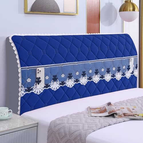 JANEMUA Bed Headboard Slipcover with Lace Pocket, Solid Color Headboards Cover, Lozenge Pattern Dustproof Protector Cover-Blue||240cm