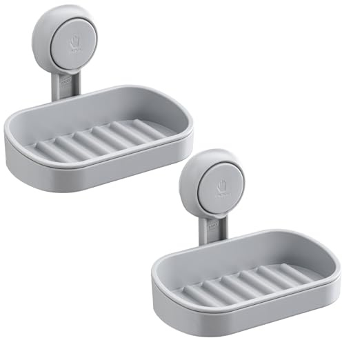 TAILI Suction Soap Dish for Shower 2 Pack, Max Hold 3 KG Shower Soap Holder for Bathroom, Wall Mounted Sponge Tray, Drill-Free, Removable Bathtub Organizer, Waterproof, Plastic Sink Holder Cup, Grey