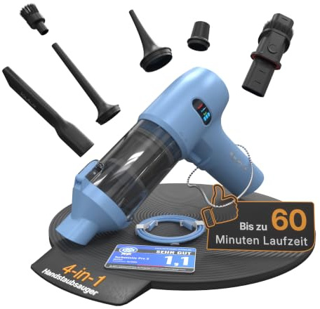 lautux Turbotastic Pro 2 Handstaubsauger – 120W, 18.000Pa, bis 60 Min Laufzeit, HEPA-Filter, LED-Display, 4-in-1 Düsen (Auto, Tierhaare, Polster, Aufpumpen, Vakuumieren) (Himmelblau, Starter Set)