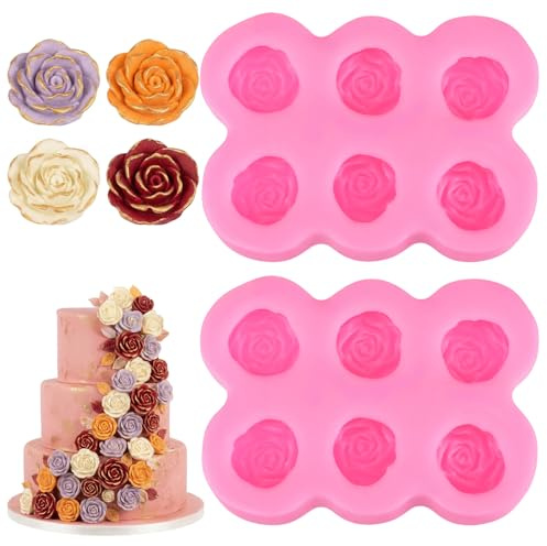 2 PCS Rose Chocolate Moulds Silicone, 6 Cavity Rose Flower Ice Cube Mold Non-Stick, 3D Cake Resin Molds for Sugarcraft Soap Candy Fondant Cupcakes Pudding Kitchen Baking Tools Handmade Candle