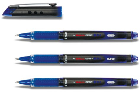 Pilot V-Ball Grip Pen, 3 Blue - Set of 10 with Stainless Steel Tip and Refillable Ink, 2233003N, 3 count (Pack of 1)