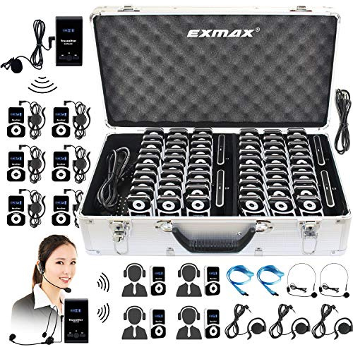 EXMAX Tragbare Dolmetschlösungen ATG-100T 195 MHz für Gerichtsdolmetscher für Gerichtsgebäude, Kirchen, internationale Konferenzen (4 Sender und 60 Empfänger + Ladekoffer aus Aluminiumlegierung)