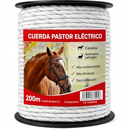 Llampec Cuerda Pastor Eléctrico 200 m x 6 mm – 2 Conductores Acero Inoxidable – Alta Resistencia y Conductividad – Cable Trenzado para Cercas Eléctricas de Caballos, Vacas y Perros – Bobina Pastor