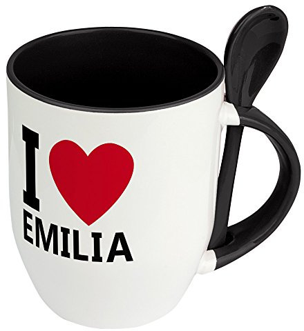 Namenstasse Emilia - Löffel-Tasse mit Namens-Motiv I Love Emilia - Becher, Kaffeetasse, Kaffeebecher, Mug - Schwarz