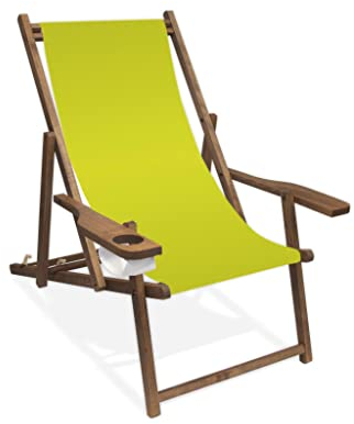 Holz-Liegestuhl mit Armlehne und Getränkehalter, Klappbar, mit dunkelbrauner Lasur, Wechselbezug (Lemon)