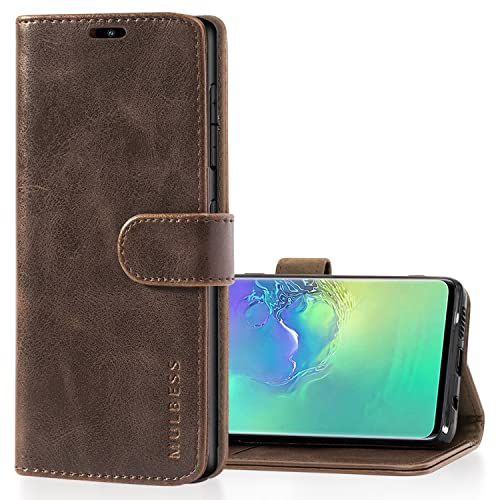 Mulbess Retro Handyhülle für Samsung Galaxy S10 Plus Hülle Leder, Handmade Magnetische Klapphülle mit TPU Stoßfeste, Kartensteckplatz, Vintage Kaffee Braun
