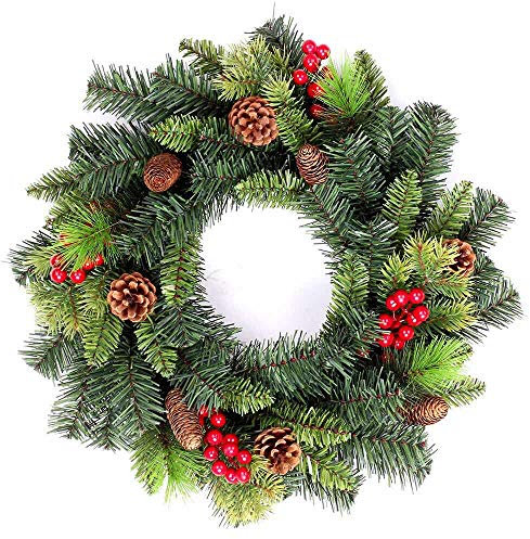 Shatchi Artificial 55cm Pre Lit Christmas Tree Wreath Garland Pre Decorated with Berries and Pine Cones Two Colours Mixed Tips Door Wall Hanging Decorations Xmas Home LED Light Up Décor