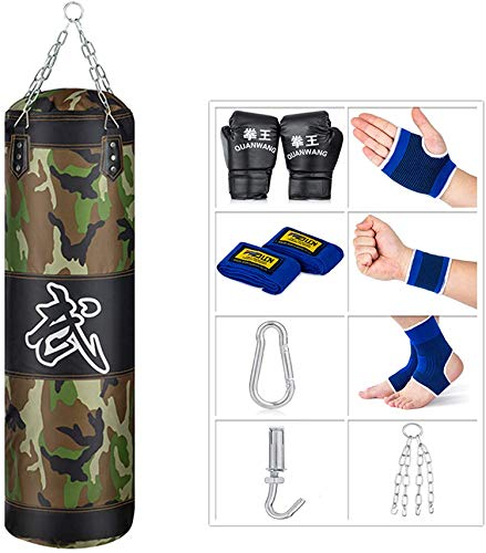 Sfeexun Boxsack Hängend Sandsack Boxen, 120cm Boxsack Kinder Boxsack Set Erwachsene Jugendliche Tarnung Box Sack Punching Bag mit Handschuhen, Kette, Deckenhaken für Muay Thai MMA UFC (Nicht Gefüllt)