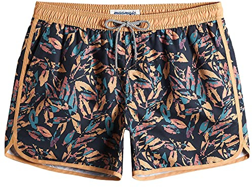 MaaMgic Mens 5 Short 70s 80s 90s Vintage Swim Trunks Quick Dry Bathing Suits Swimming Shorts Swimsuits Board Shorts,Leaf Black,XS