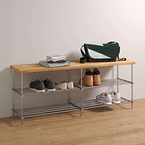 PHOS Design, SB1200-2-Eiche, 120 cm Schuhbank mit massiver Eichenholz-Sitzfläche und 2 Edelstahl-Schuhregal-Ebenen