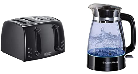 Russell Hobbs 21651 Textures 4-Slice Toaster 21651-Black, Plastic, Black & 26080 Hourglass Cordless Electric Glass Kettle - Artisan Inspired Design, 1.7 Litre, 3000 Watt