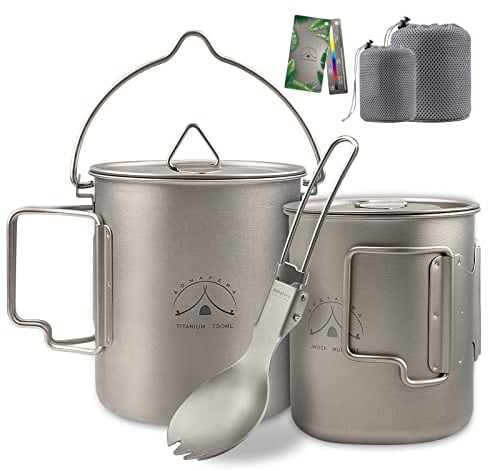 Adhafera Camping Titan Becher, Titan Camping Tasse mit Deckel, 99,8% Titan Topf mit Göffel und Tragbarem Beutel (450ml Becher & 750ml Topf)