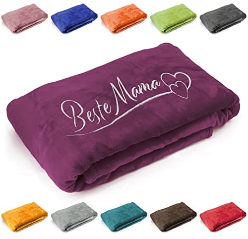 Deitert Kuscheldecke Beste Mama mit Herzen, Geschenk zu Muttertag, Geburtstag, hochwertig Bestickt, 200cm x 150cm extra weiche und gemütliche Sofadecke/Wohndecke, hochwertiges Fleece (Beere)