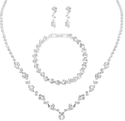 Strass Brautschmuck Set Silber Strass Ohrring Halskette Armband Set Damen Hochzeit Verlobung Brautjungfer Kleider Abschlussball Schmuck
