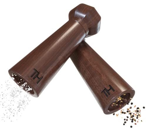 Thiru Profi Salz und Pfeffermühle Set - patentiertes Keramikmahlwerk - inkl. Untersetzer & Reinigungspinsel - Nussbaum Massivholz mittel