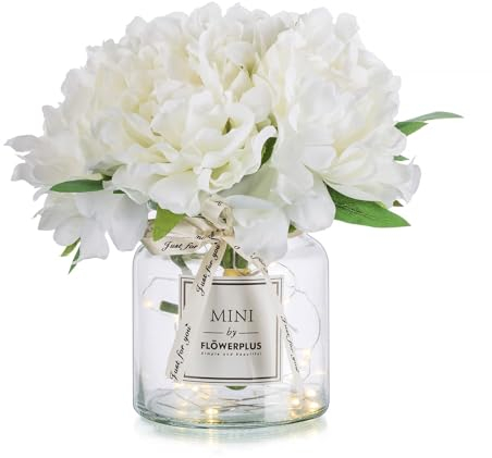 BLOSMON Artificial Flowers in Vase Decoration White Peony Fake Flower with Glass Vases for Table Decorations Small Floral Arrangements Indoor Room Window Desk Centrepiece Silk Plant Bouquet Decor