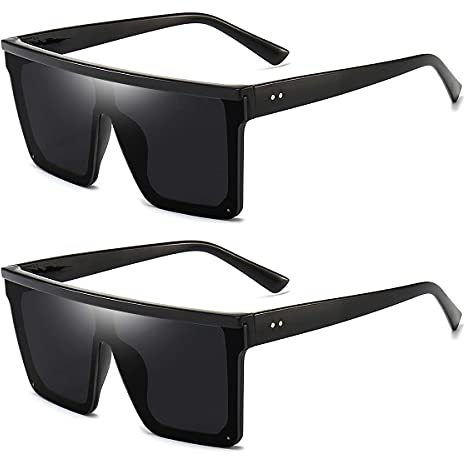 Dollger Retro Eckig Sonnenbrille Damen Herren Groß Mode Flat Top Big Rahmen Shades,Schwarz*2