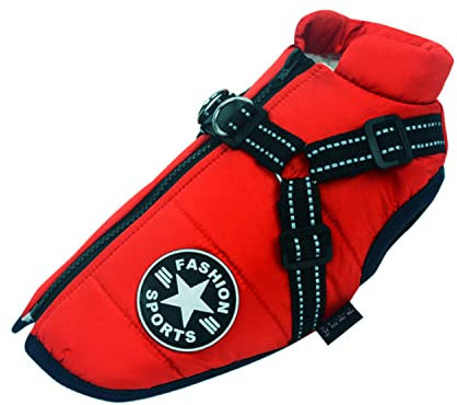 Ectkuee Hundejacke Winterweste Jacken - Hundemantel mit Geschirr, Wasserdicht, Maschinen Waschbar, Reflektierende Streifen, D-Ring (Red-XL)