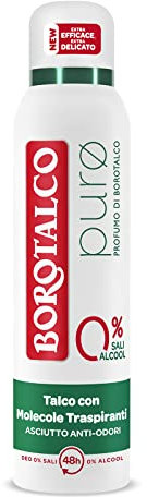 Borotalco, Deodorant Spray Pure mit Talkum mit atmungsaktiven Molekülen, ohne Alkohol und Aluminiumsalze, trocken und geruchshemmend, 48h Wirksamkeit, Duft von Borotalco – 1 Flasche mit 150 ml