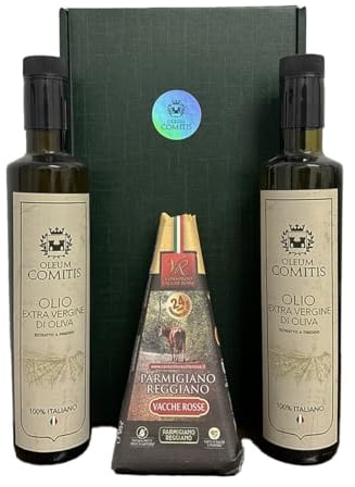 Oleum Comitis - Olio Extra Vergine di Oliva - 100% Italiano Estratto a Freddo - Confezione Regalo con 2 Bottiglie da 500 ml e Parmigiano Reggiano DOP Vacche Rosse Stagionato 24 Mesi