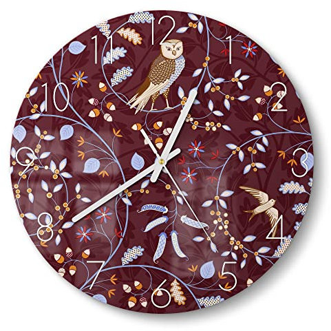 DEQORI Glasuhr | rund Ø 30 cm | Motiv Eulen in Blätterranken | ausgefallene leise Design Uhr aus Glas | Wanduhr für Wohnzimmer & Küche | Moderne Hingucker Uhr für die Wand