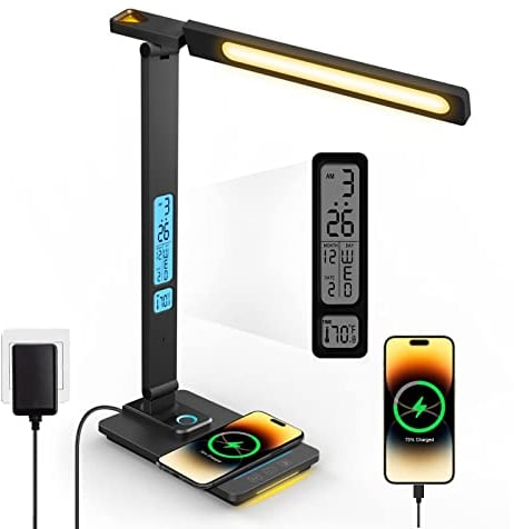 LED Desk Lamp with Wireless Charger - USB Charging Port, Touch Sliding Dimmable Auto Timer Table Lamp with Night Light, Desk Lights with Clock for Study Reading Home Office (Black)